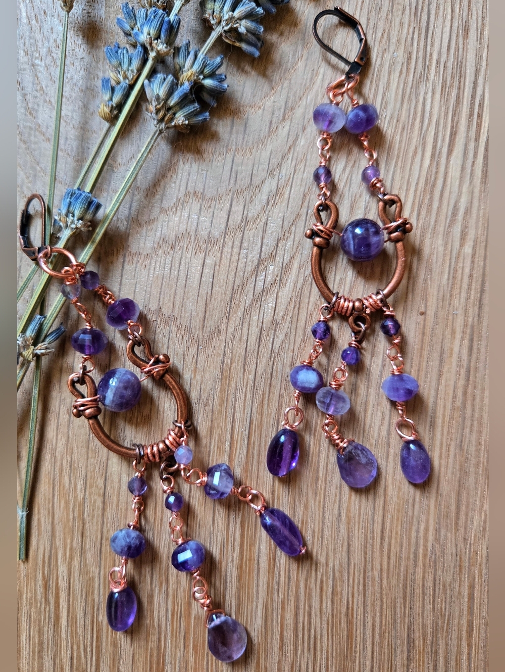 Natural Amethysts In Handcrafted Artisan Chandelier In Antique Copper Earrings